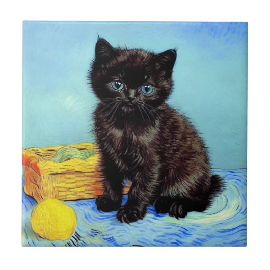 Van Gogh Black Kitten mit Yarn Fliese (Vorderseite)