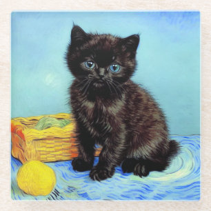 Van Gogh Black Kitten mit Yarn Glasuntersetzer