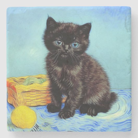Van Gogh Black Kitten mit Yarn Steinuntersetzer (Vorderseite)