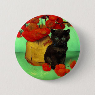 Van Gogh Black Kitten Red Blume Button