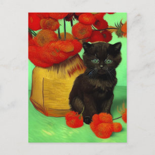 Van Gogh Black Kitten Red Blume Feiertagspostkarte