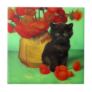 Van Gogh Black Kitten Red Blume Fliese