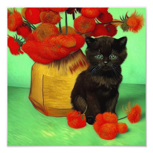 Van Gogh Black Kitten Red Blume Fotodruck (Vorne)