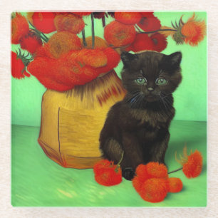 Van Gogh Black Kitten Red Blume Glasuntersetzer