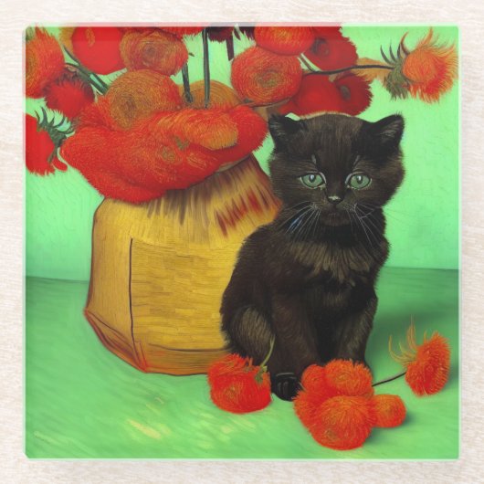 Van Gogh Black Kitten Red Blume Glasuntersetzer (Vorderseite)