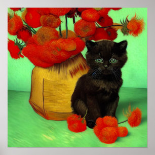 Van Gogh Black Kitten Red Blume Poster