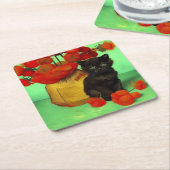 Van Gogh Black Kitten Red Blume Rechteckiger Pappuntersetzer (angewinkelt)