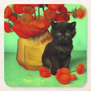 Van Gogh Black Kitten Red Blume Rechteckiger Pappuntersetzer