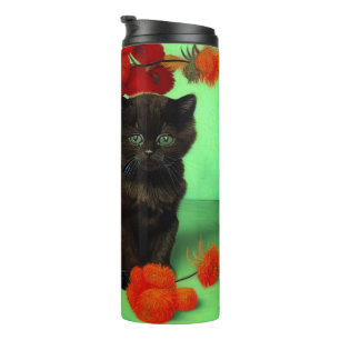 Van Gogh Black Kitten Red Blume Thermosbecher