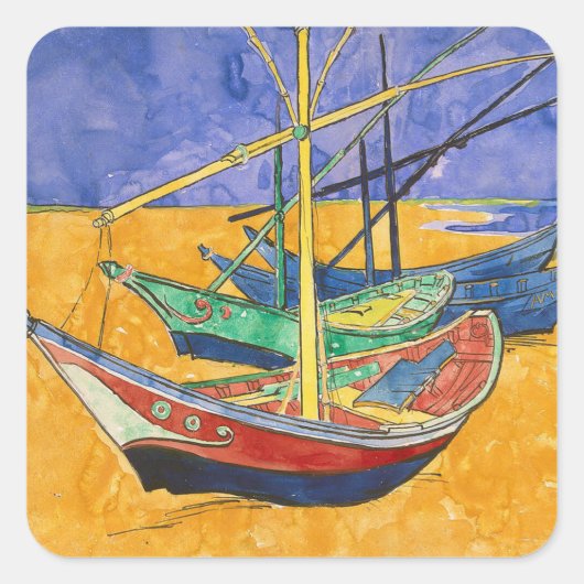 Van Gogh Boats Impressionismus Beach Quadratischer Aufkleber (Vorderseite)