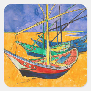 Van Gogh Boote Impressionismus Strand Quadratischer Aufkleber
