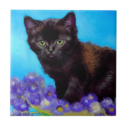 Van Gogh Cat und Blume Fliese (Vorderseite)