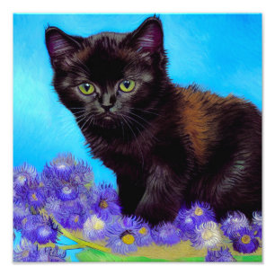 Van Gogh Cat und Blume Fotodruck