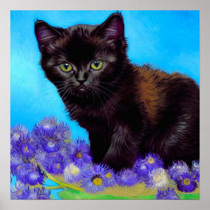 Van Gogh Cat und Blume Poster