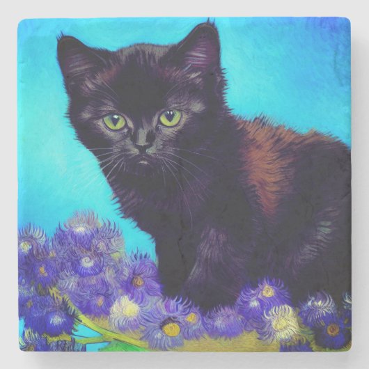 Van Gogh Cat und Blume Steinuntersetzer (Vorderseite)