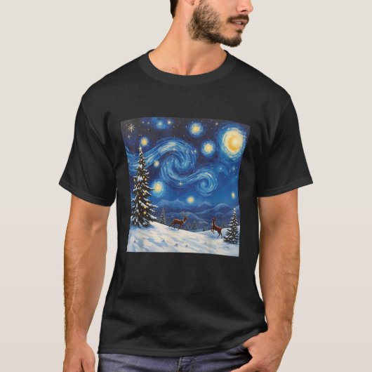 Van Gogh Famous Painting Starry Night Reindeer Tre T-Shirt (Vorderseite)