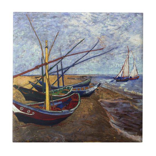 Van Gogh Fischerboote am Strand Fliese (Vorderseite)