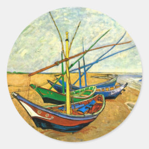 Van Gogh Fischerboote am Strand von Saintes Maries Runder Aufkleber