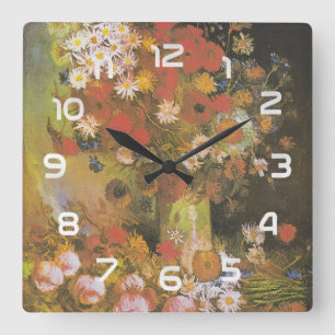 Van Gogh Florales Stillleben Rote Mohnblumen & Ros Quadratische Wanduhr
