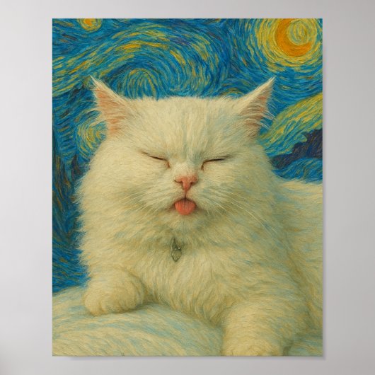 Van Gogh Inspired Cat Art – White Cat Under Starry Poster (Vorne)