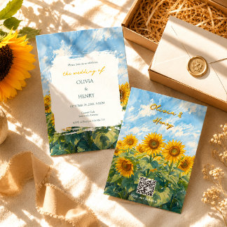 Van Gogh inspirierte Sonnenblumen-QR-Code-Hochzeit Einladung
