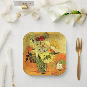 Van Gogh Kunstwerk, Japanische Vase mit Rosen, Pappteller