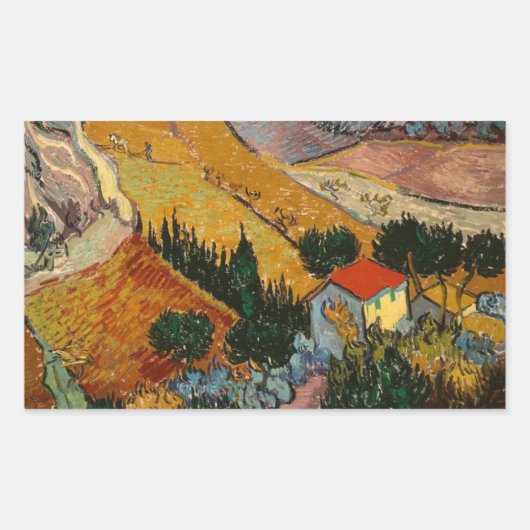 Van Gogh Landscape mit House und Plowman Rechteckiger Aufkleber (Vorderseite)