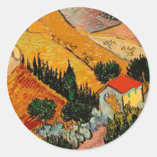 Van Gogh - Landschaft mit Häusern und Plowman Runder Aufkleber