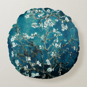 Van Gogh Mandelblüten Dunkles Türkis Rundes Kissen
