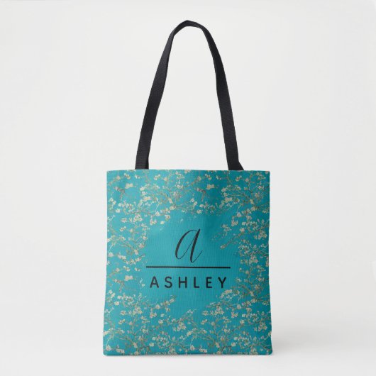 Van Gogh Mandelblüten Teal Monogramm Tasche (Vorderseite)