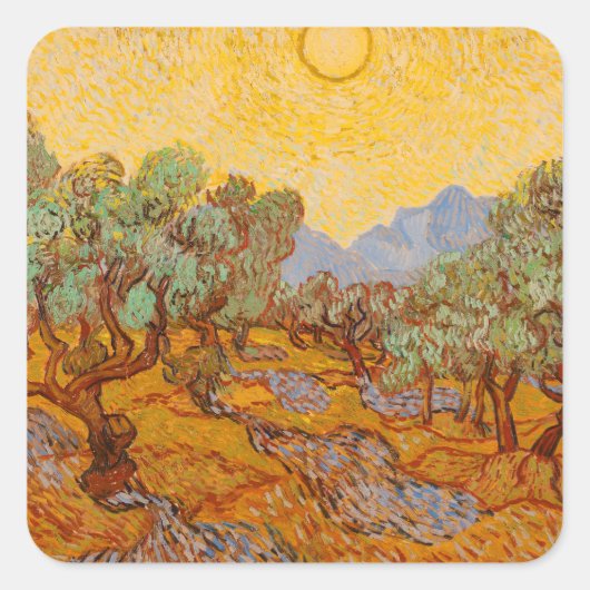 Van Gogh Olive Trees Yellow Sun Sky Quadratischer Aufkleber (Vorderseite)