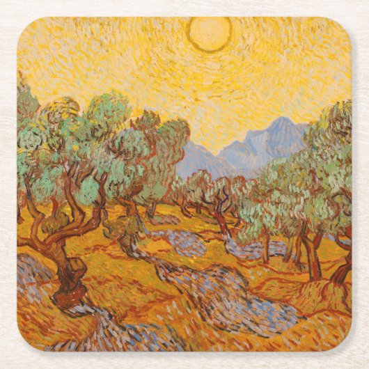 Van Gogh Olive Trees Yellow Sun Sky Rechteckiger Pappuntersetzer (Vorderseite)