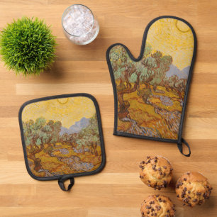 Van Gogh Olivenbäume Gelbe Sonne Himmel Ofenhandschuh & Topflappen-Set