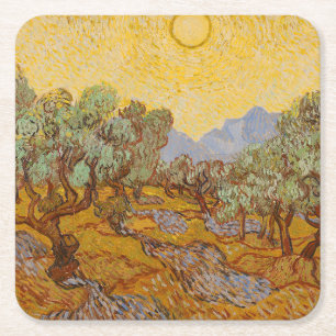 Van Gogh Olivenbäume Gelbe Sonne Himmel Rechteckiger Pappuntersetzer