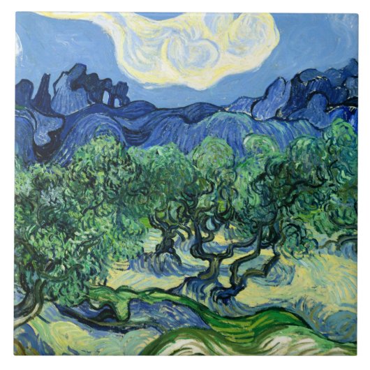 Van Gogh - Olivenbäume mit Alpillen im Hintergrund Fliese (Vorderseite)