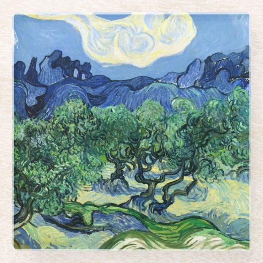Van Gogh - Olivenbäume mit Alpillen im Hintergrund Glasuntersetzer (Vorderseite)