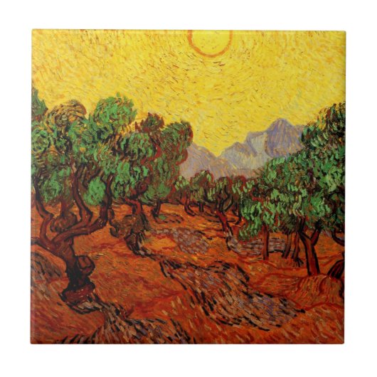 Van Gogh Olivenbäume mit gelbem Himmel und Sonne Fliese (Vorderseite)