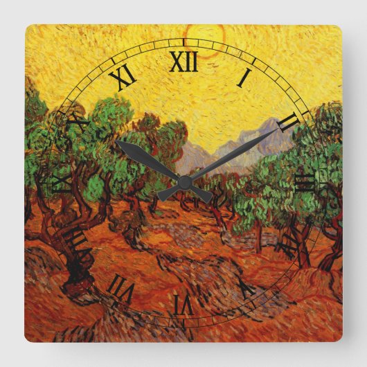 Van Gogh Olivenbäume mit gelbem Himmel und Sonne Quadratische Wanduhr (Vorderseite)