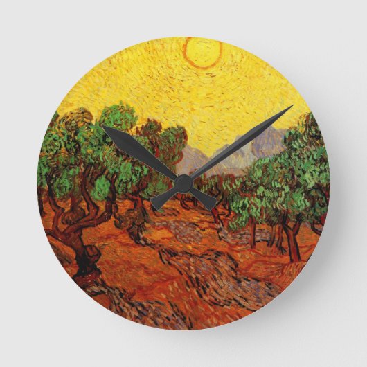 Van Gogh Olivenbäume mit gelbem Himmel und Sonne Runde Wanduhr (Vorderseite)