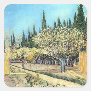 Van Gogh Orchard in Blossom, grenzt an die Zypress Quadratischer Aufkleber