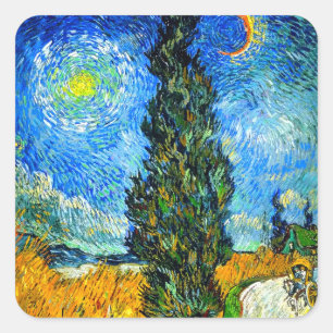 Van Gogh Road mit Cypress und Star Quadratischer Aufkleber