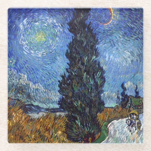 Van Gogh Road mit Cypressionismus Glasuntersetzer (Vorderseite)