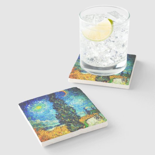 Van Gogh Road with Cypress and Star Steinuntersetzer (Seitenansicht)