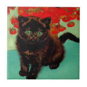 Van Gogh Schwarze Katze Rote Blumen Fliese