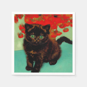 Van Gogh Schwarze Katze Rote Blumen Serviette