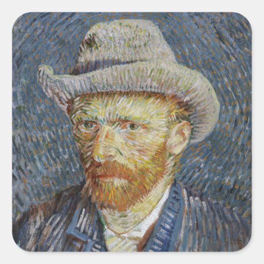 Van Gogh Self Portrait Gray Felt Hat Malerei Art Quadratischer Aufkleber (Vorderseite)