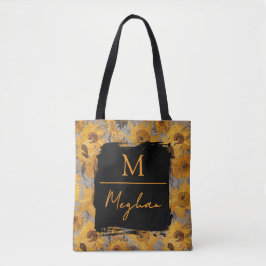 Van Gogh Sonnenblumen Gelb Grau Monogramm Tasche