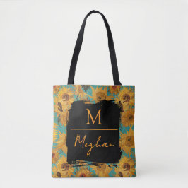 Van Gogh Sonnenblumen Türkis Blau Monogramm Tasche