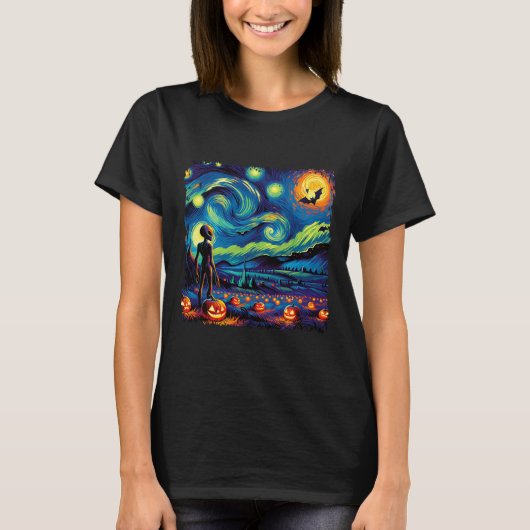 Van Gogh Starry Night Alien Man Halloween Fall Pum T-Shirt (Vorderseite)