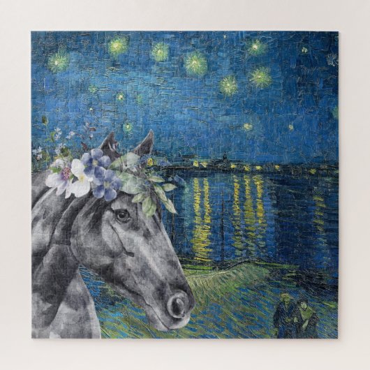 Van Gogh Starry Night and Black Horse Compilation Puzzle (Vertikal)